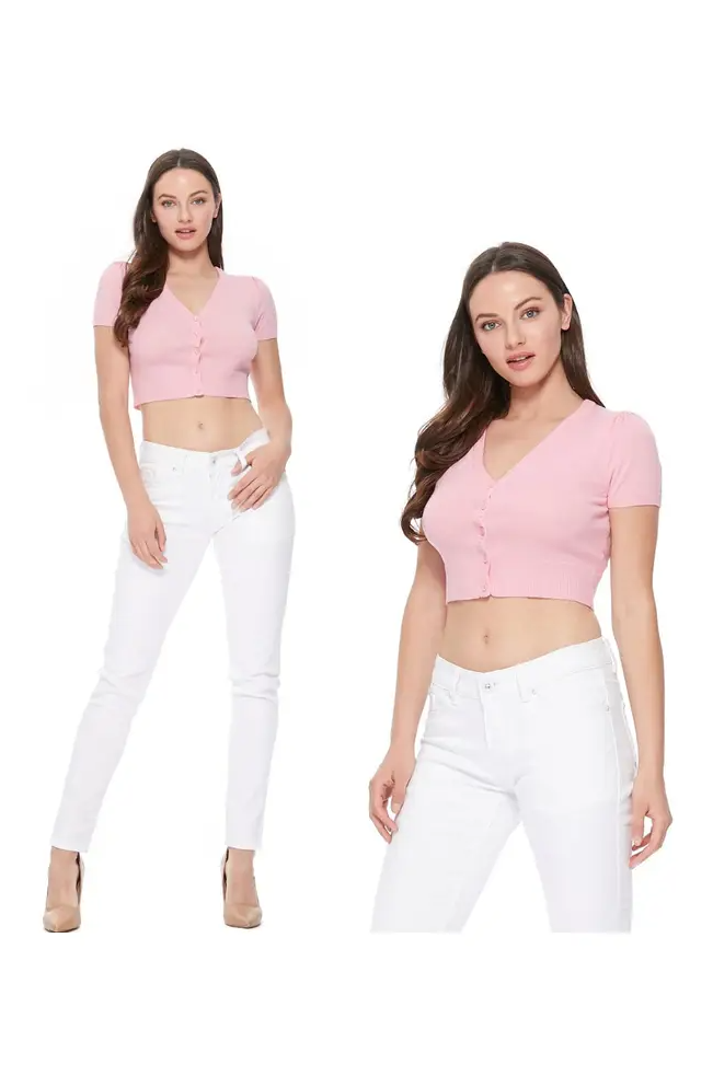 P/S MAK LILAC Cropped V Neck Button Down Short Sleeve Bolero - Plus Size - Curvique Vintage