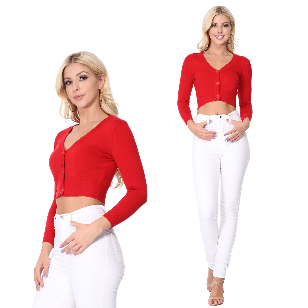 MAK Cropped 3/4 Sleeve V-Neck Cardigan - Grape - Curvique Vintage