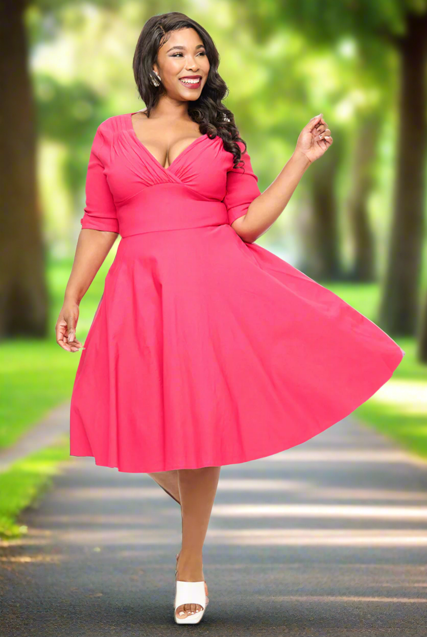 Delores Hot Pink 50s Plus Size Vintage Style Swing Dress - Curvique Vintage