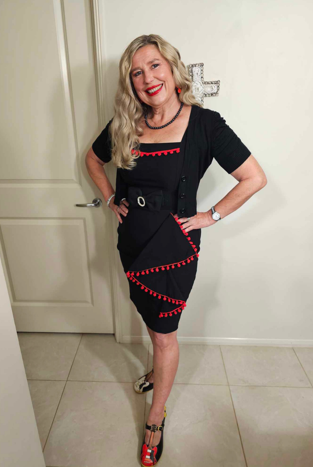 Cayenne Retro 50s Style Pencil Dress with Red Pompoms - Curvique Vintage