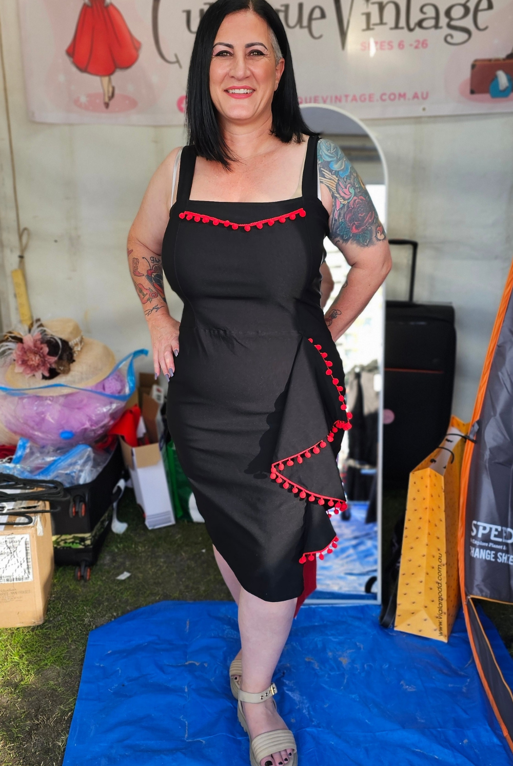 Cayenne Retro 50s Style Pencil Dress with Red Pompoms - Curvique Vintage