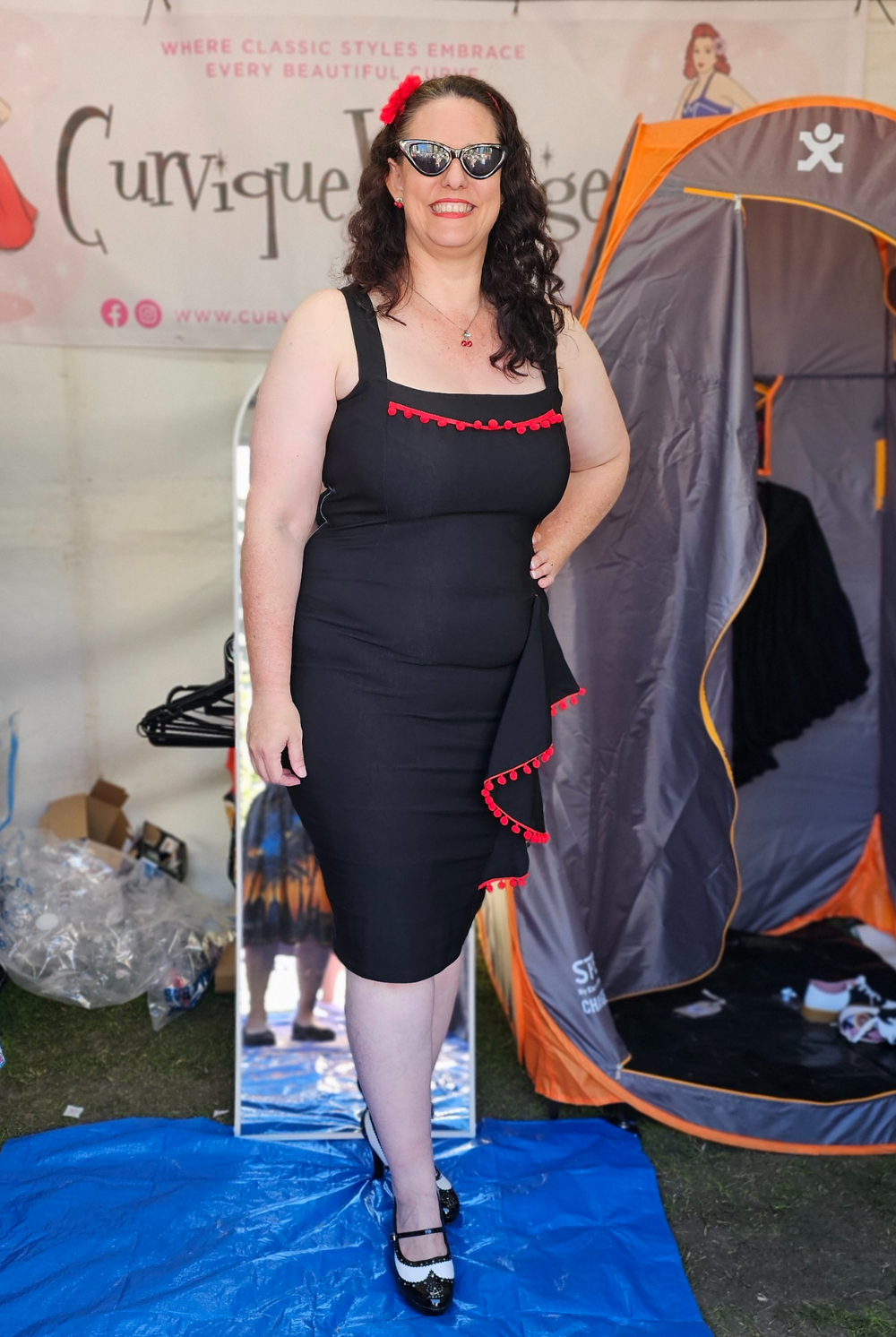 Cayenne Retro 50s Style Pencil Dress with Red Pompoms - Curvique Vintage