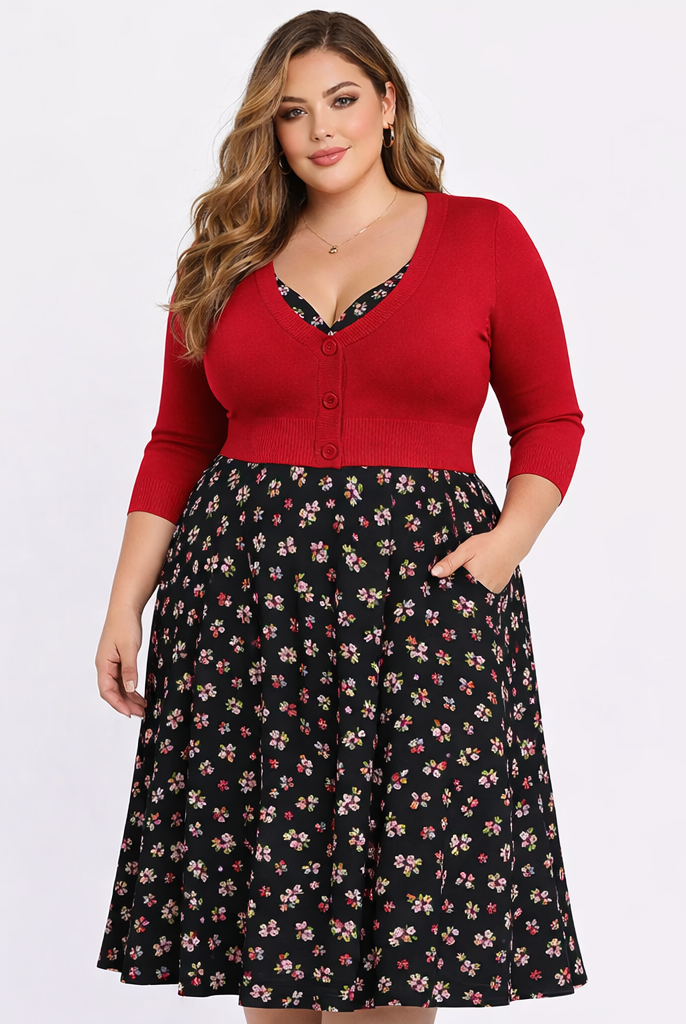 PLUS SIZE MAK RED Retro Style 3/4 Sleeve Cardigan - Curvique Vintage