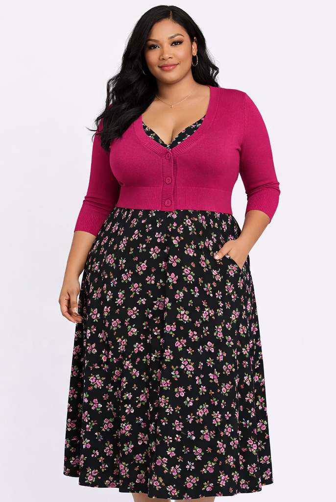 PLUS SIZE MAGENTA RED Retro Style 3/4 Sleeve Cardigan - Curvique Vintage
