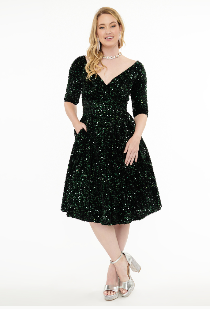 1950s Green Velvet Sequin Marceline 50s Swing Dress - Curvique Vintage