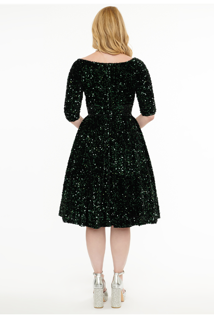1950s Green Velvet Sequin Marceline 50s Swing Dress - Curvique Vintage