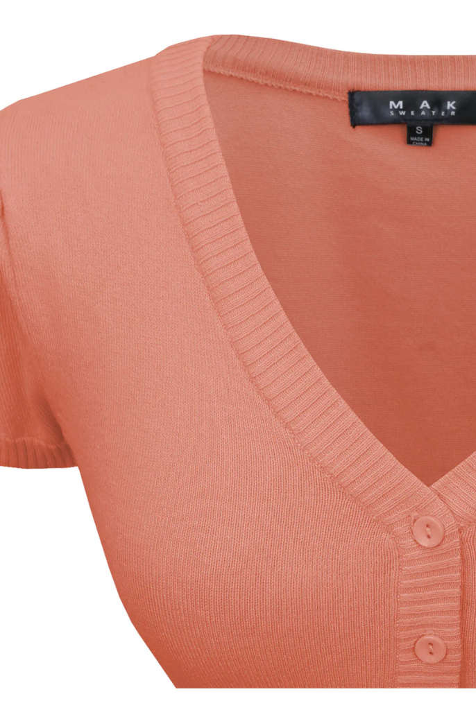 MAK Deep Coral V Neck Button Down Short Sleeve Bolero - Curvique Vintage