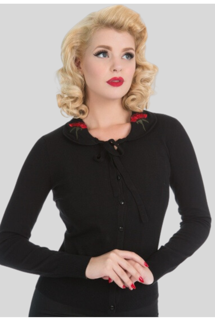 Vintage Style Black Knit Cardigan with Red Rose Embellishment - Curvique Vintage