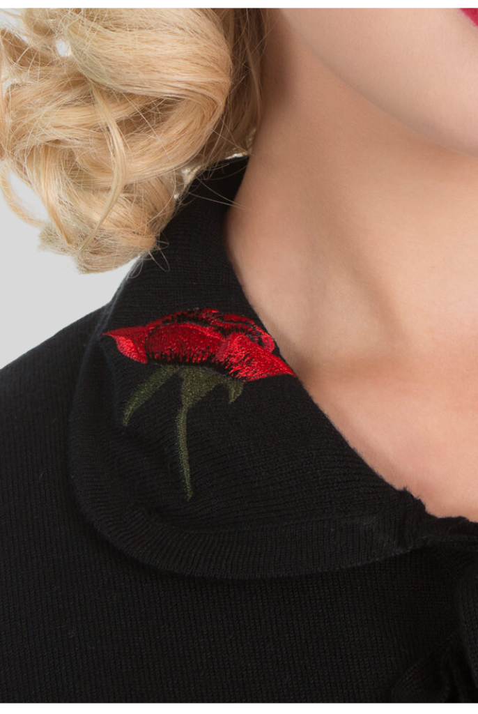 Vintage Style Black Knit Cardigan with Red Rose Embellishment - Curvique Vintage