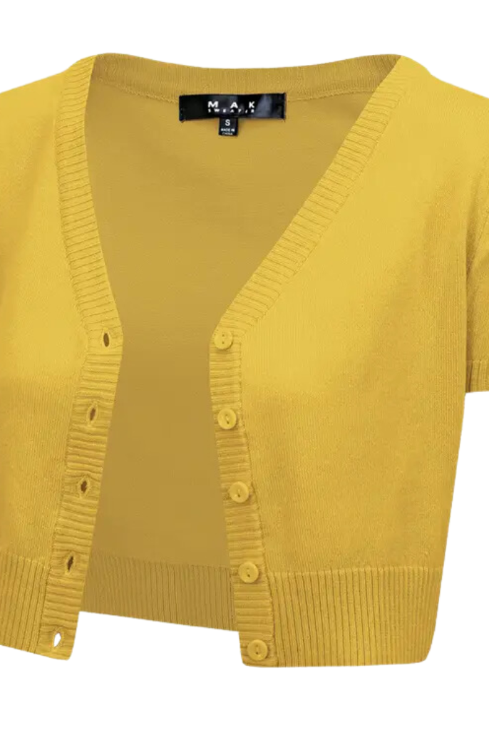MAK Cropped Honey V Neck Button Down Short Sleeve Bolero - Curvique Vintage