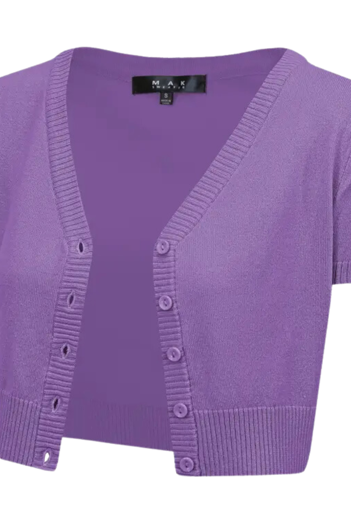 MAK Cropped Blueberry V Neck Button Down Short Sleeve Bolero - Curvique Vintage