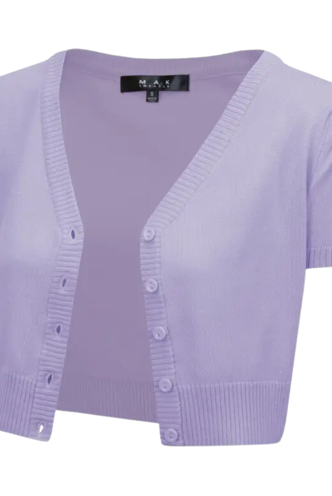 P/S MAK LILAC Cropped V Neck Button Down Short Sleeve Bolero - Plus Size - Curvique Vintage