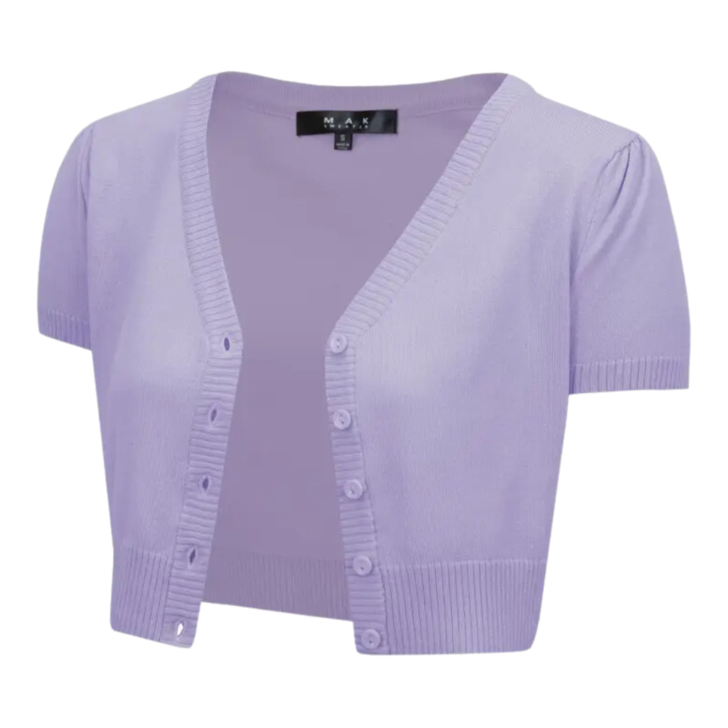 P/S MAK LILAC Cropped V Neck Button Down Short Sleeve Bolero - Plus Size - Curvique Vintage
