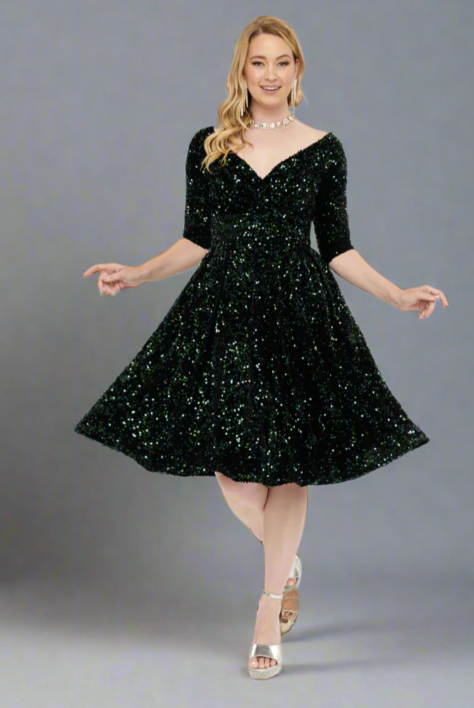 1950s Green Velvet Sequin Marceline 50s Swing Dress - Curvique Vintage