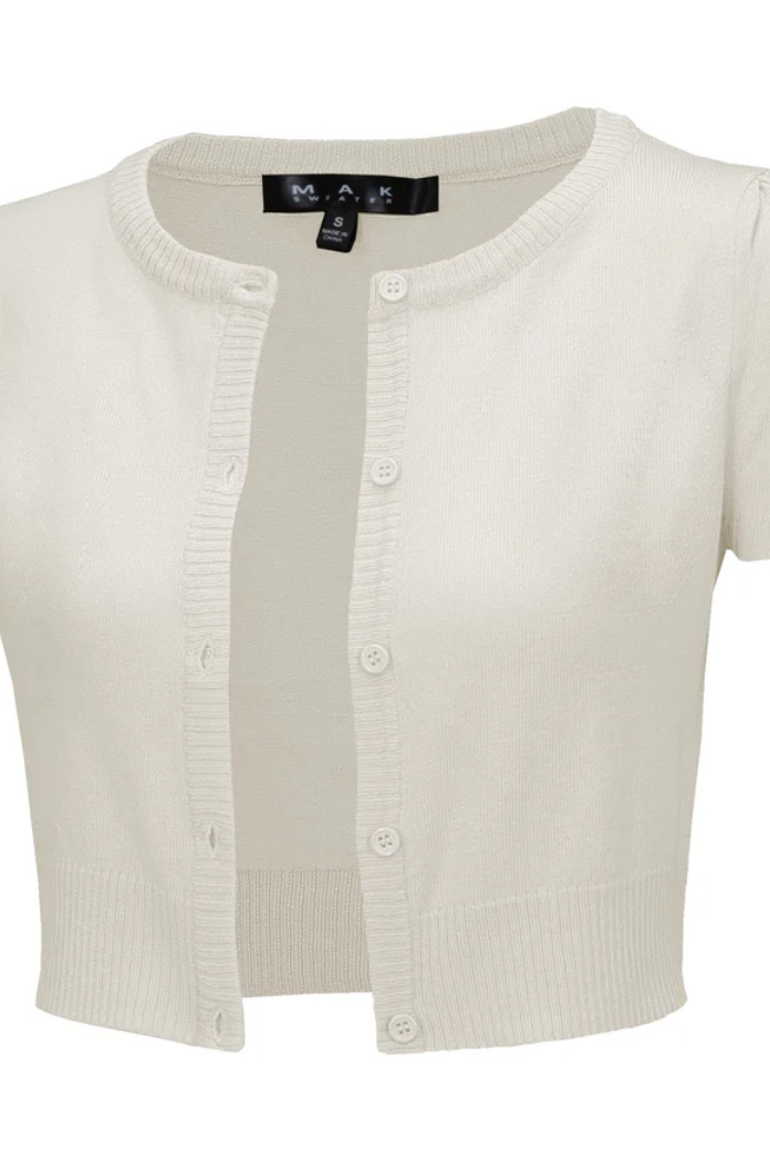 Short Sleeve Ivory Crewneck Knit Bolero - Curvique Vintage