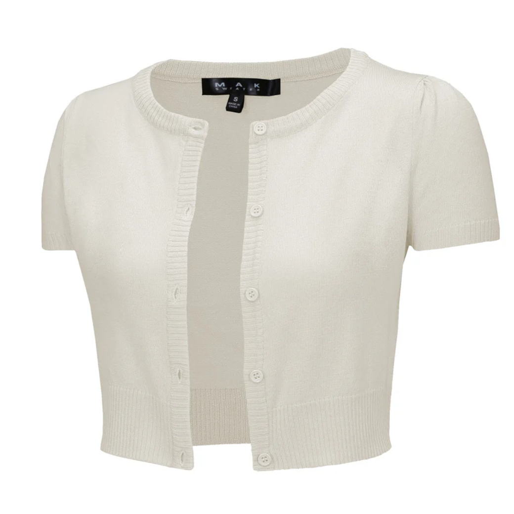 Short Sleeve Ivory Crewneck Knit Bolero - Curvique Vintage