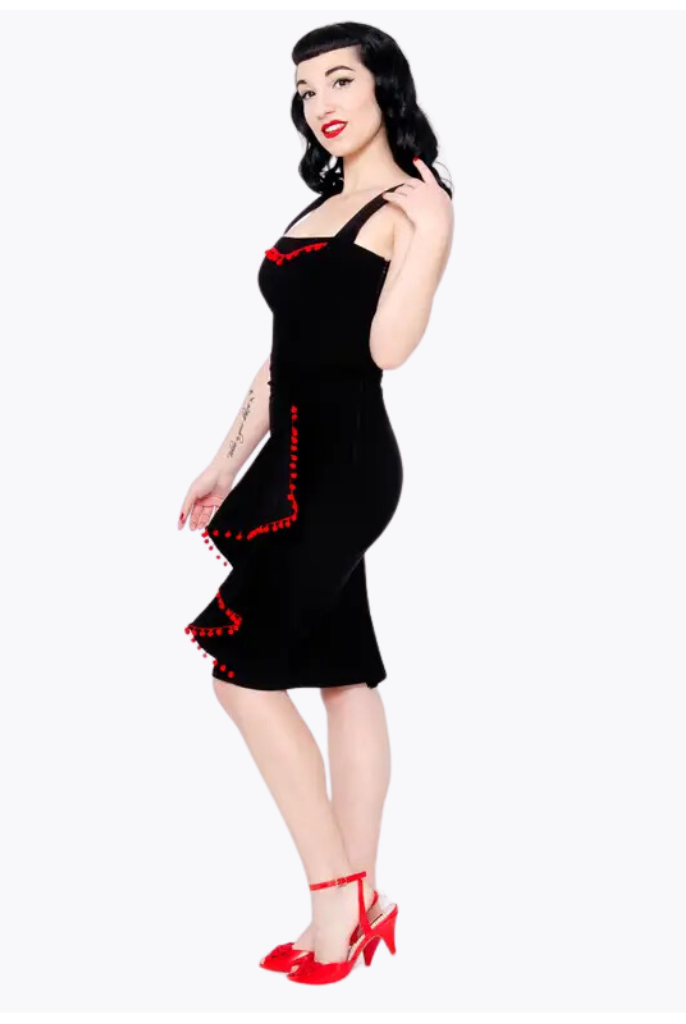Cayenne Retro 50s Style Pencil Dress with Red Pompoms - Curvique Vintage