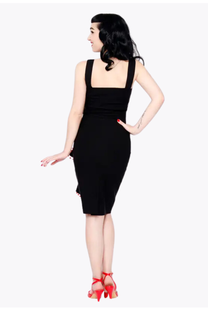 Cayenne Retro 50s Style Pencil Dress with Red Pompoms - Curvique Vintage