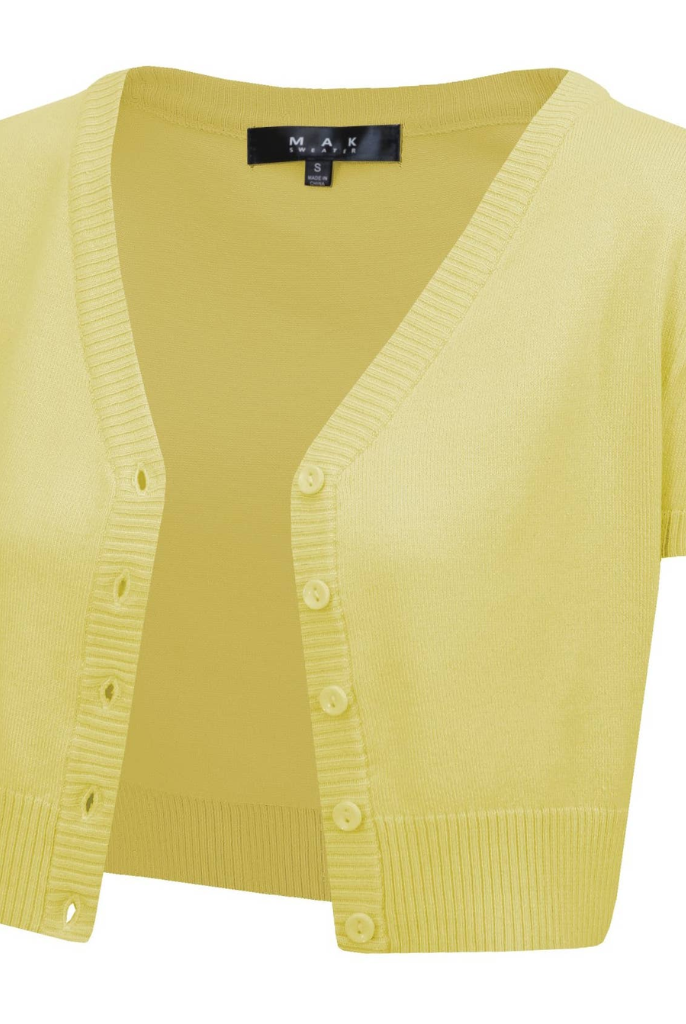 MAK Cropped Baby Yellow V Neck Button Down Short Sleeve Bolero - Curvique Vintage