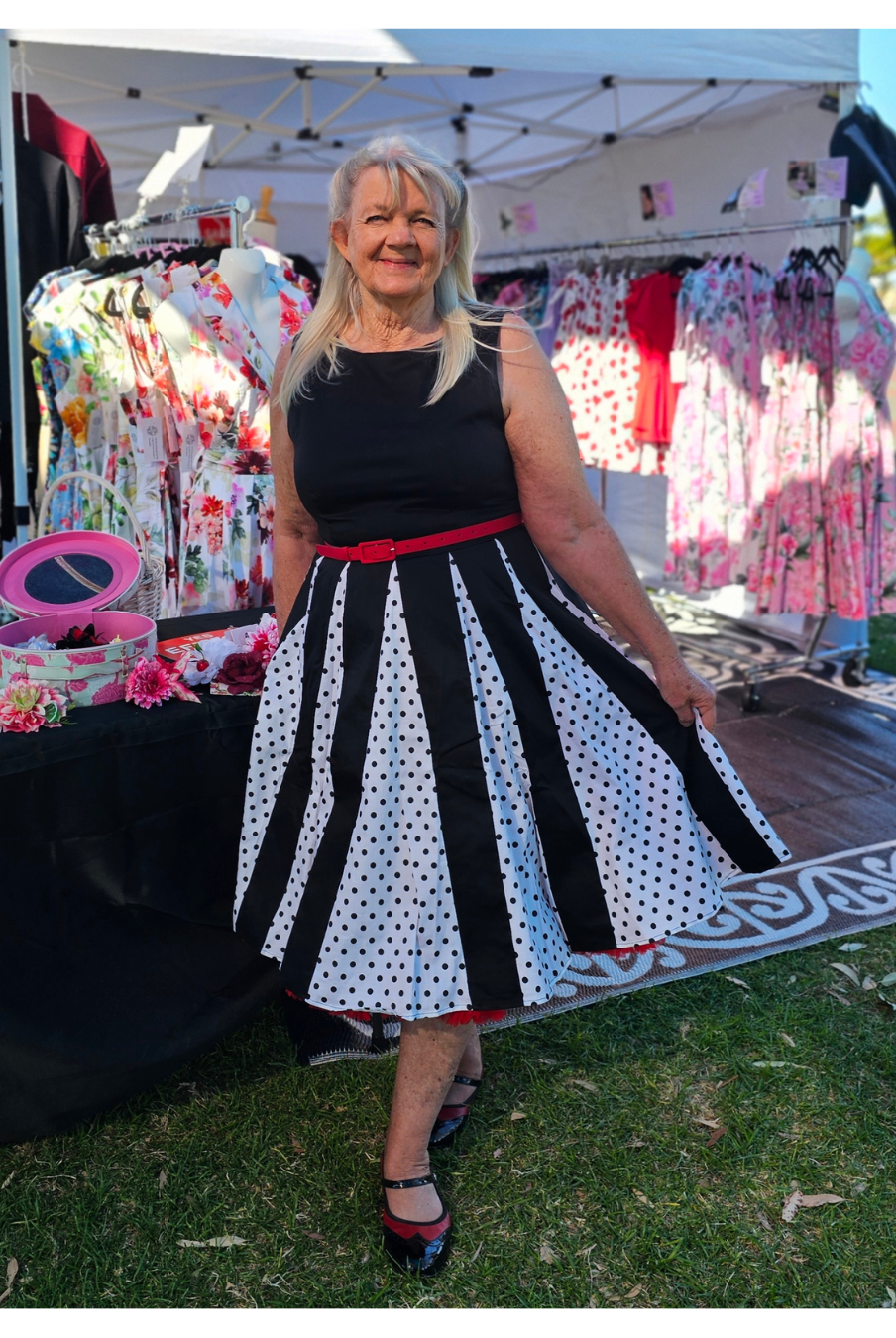 Judith Black Chiffon Polka Dot Black/White Skirt Retro Swing Dress - Curvique Vintage