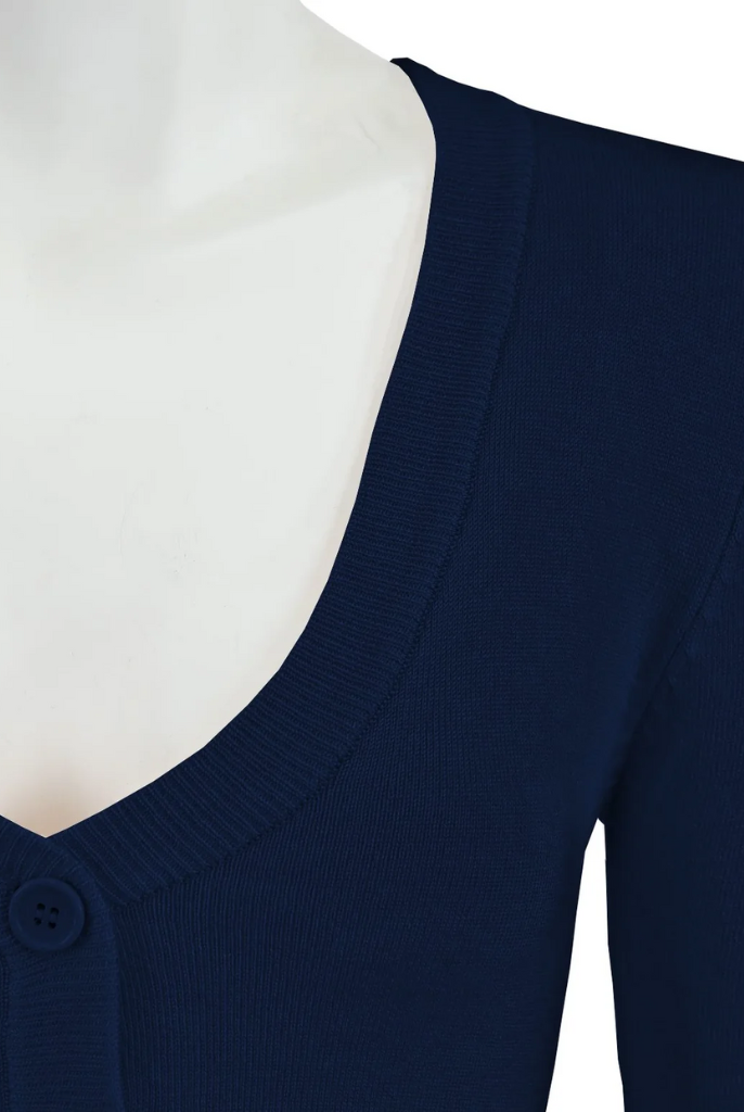 MAK Cropped Navy Retro Style 3/4 Sleeve Cardigan - Curvique Vintage