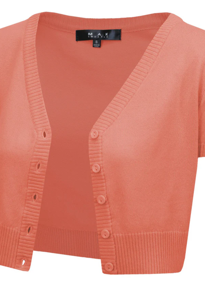 MAK Deep Coral V Neck Button Down Short Sleeve Bolero - Curvique Vintage