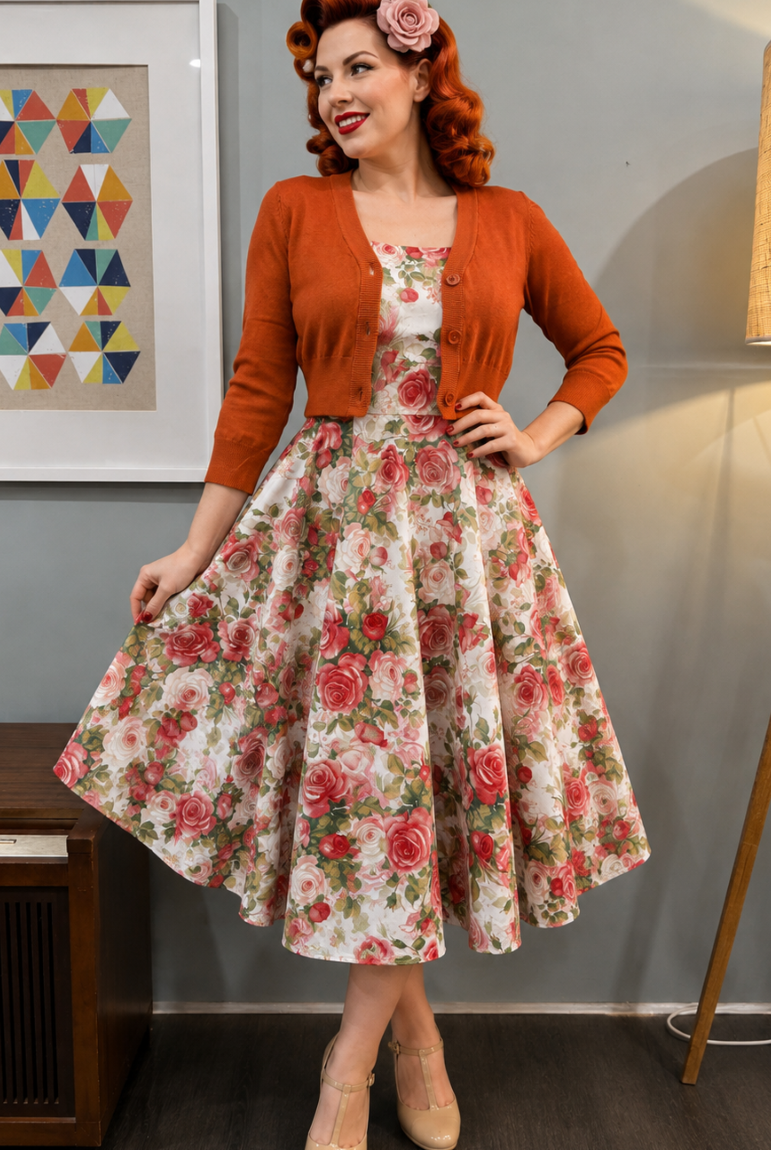MAK 3/4 Sleeve Dusty Orange Retro Cardigan - Curvique Vintage
