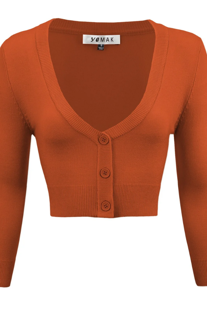 MAK Dusty Orange Retro Style 3/4 Sleeve Cardigan - Curvique Vintage