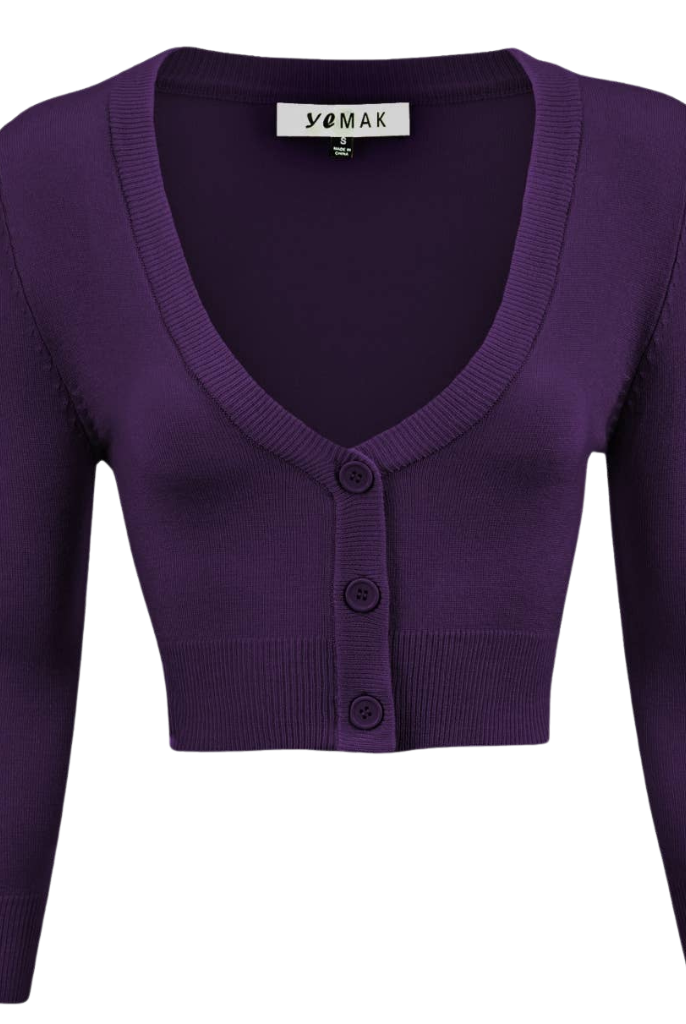 MAK Cropped 3/4 Sleeve V-Neck Cardigan - Grape - Curvique Vintage