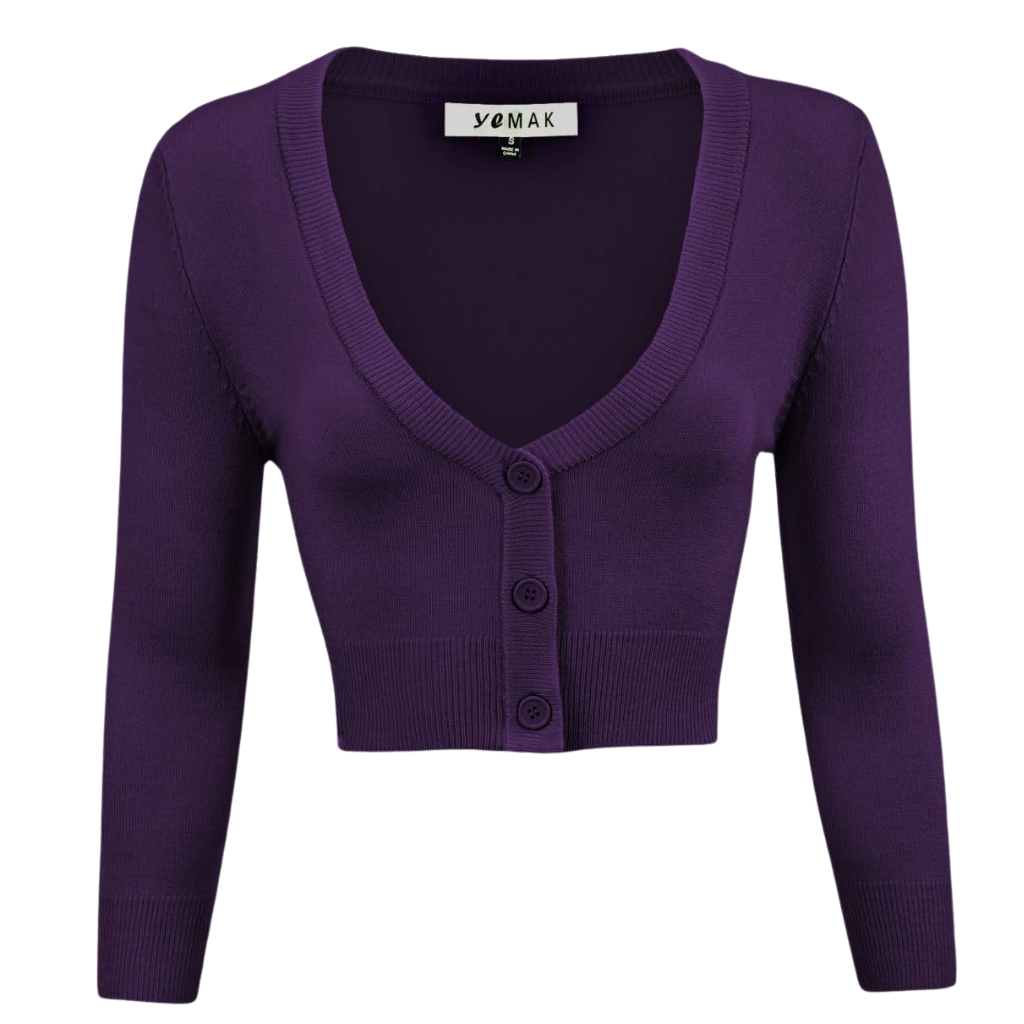 MAK Cropped 3/4 Sleeve V-Neck Cardigan - Grape - Curvique Vintage
