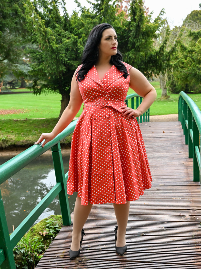 Hannah Red Poka Dot 50s Vintage Inspired Swing Dress - Plus Size - Curvique Vintage