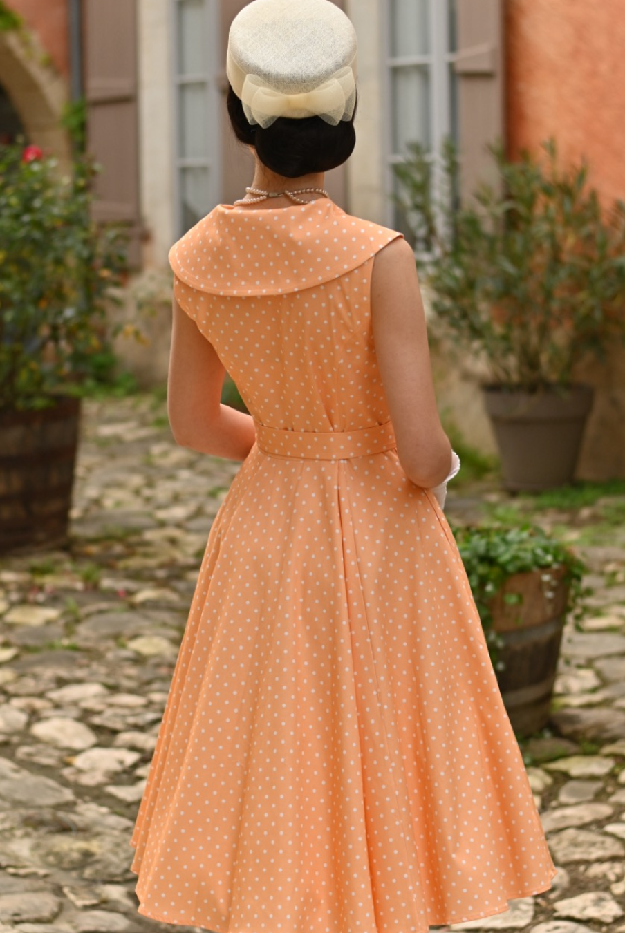 Hannah Light Orange Polka Dot Sleeveless 50s Vintage Style Swing Dress - Curvique Vintage
