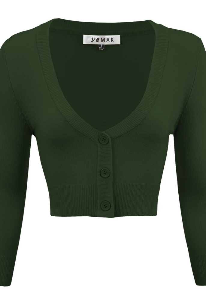 MAK Hunter Green Retro Style 3/4 Sleeve Cardigan - Curvique Vintage