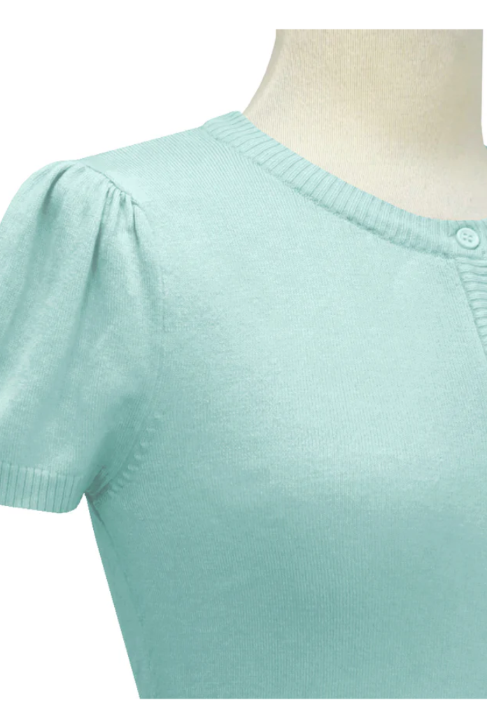 Short Sleeve Ice Blue Crewneck Knit Bolero - Curvique Vintage