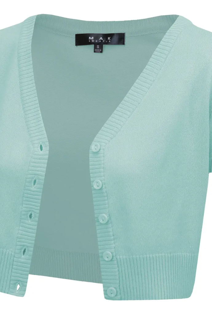 P/S ICE BLUE V Neck Cropped Button Down Short Bolero - Plus Size - Curvique Vintage