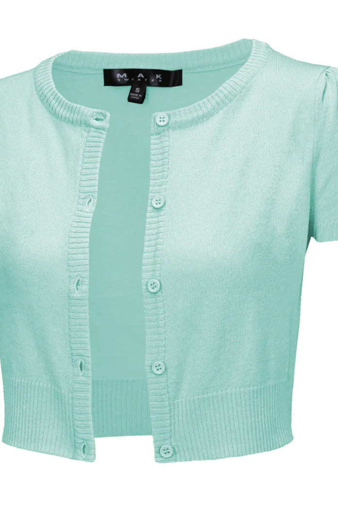 Short Sleeve Ice Blue Crewneck Knit Bolero - Curvique Vintage