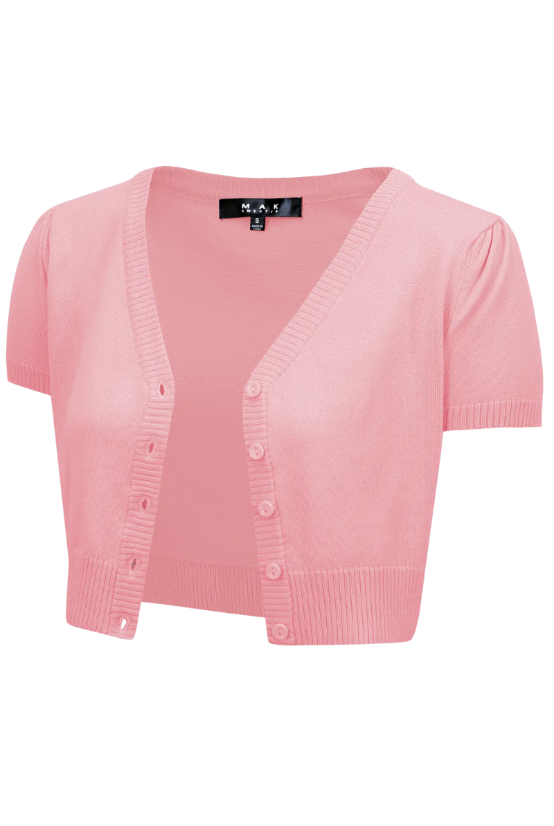 PLUS SIZE V Neck LIGHT PINK Cropped Button Down Short Bolero - Curvique Vintage