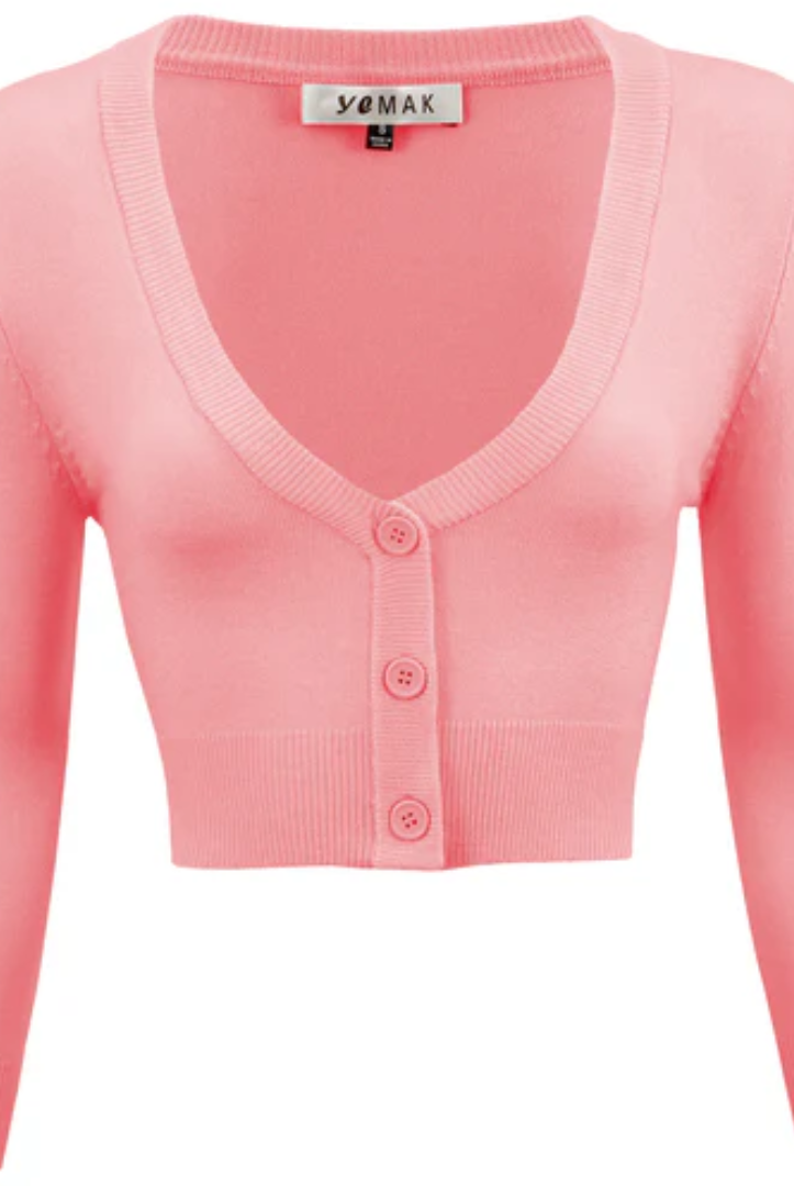 P/S MAK Light Pink Cropped Retro Style 3/4 Sleeve Cardigan - Curvique Vintage
