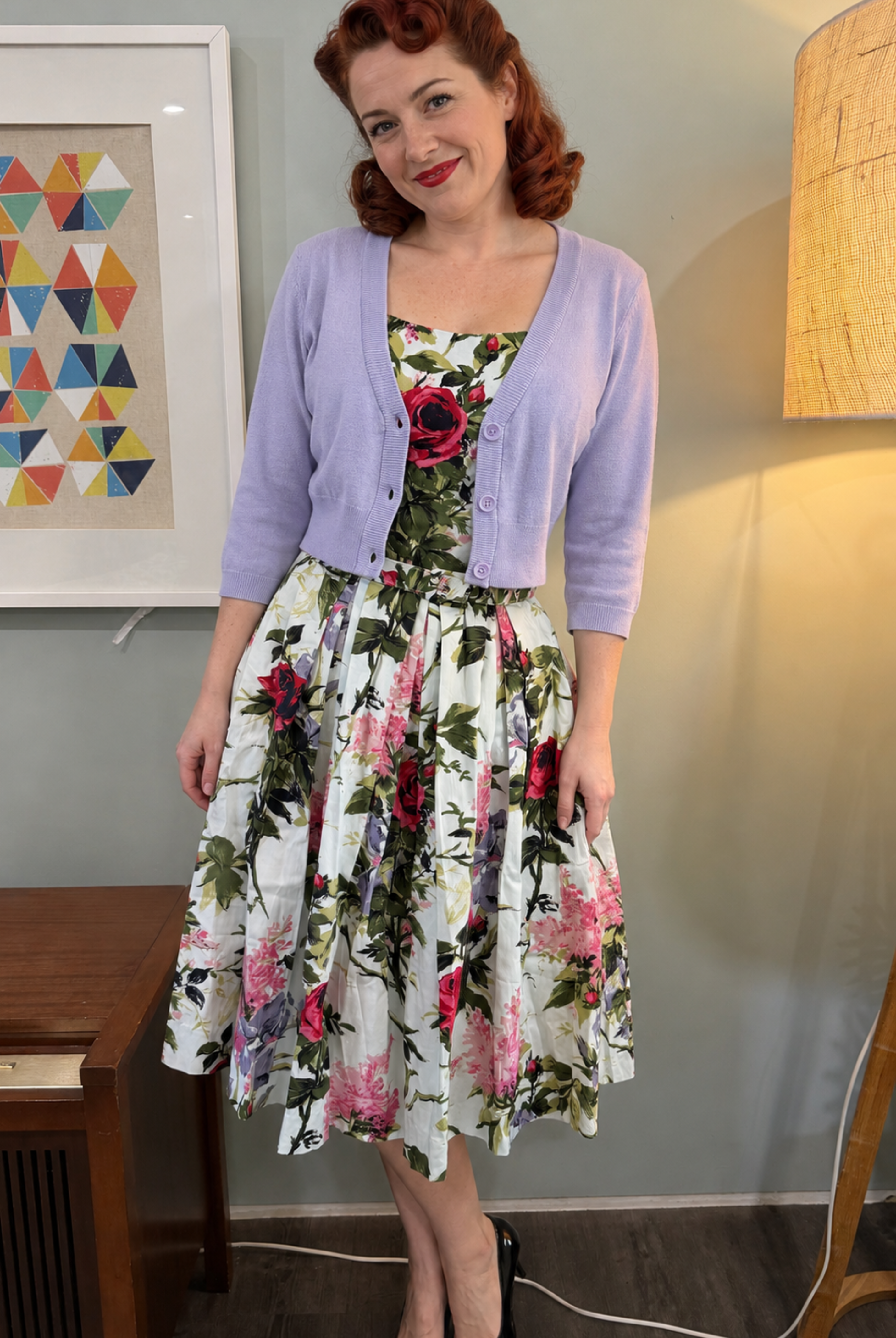 MAK Lilac Retro Style 3/4 Sleeve Cardigan - Curvique Vintage