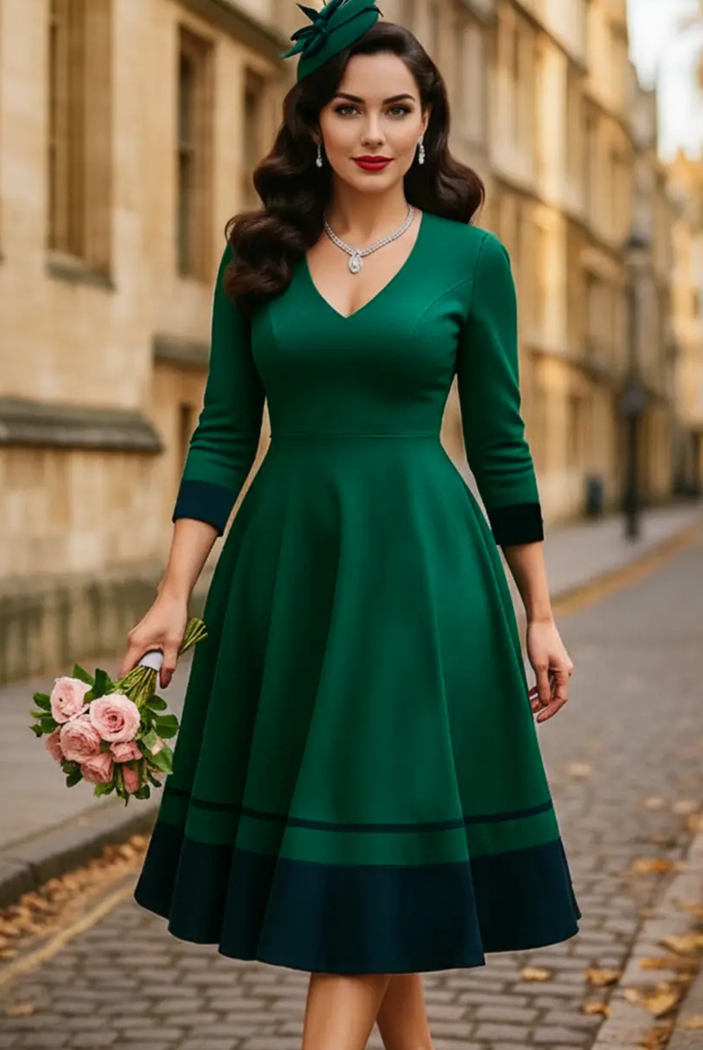 Maria Two-Tone Midi Emerald Green Vintage Style Dress - Curvique Vintage