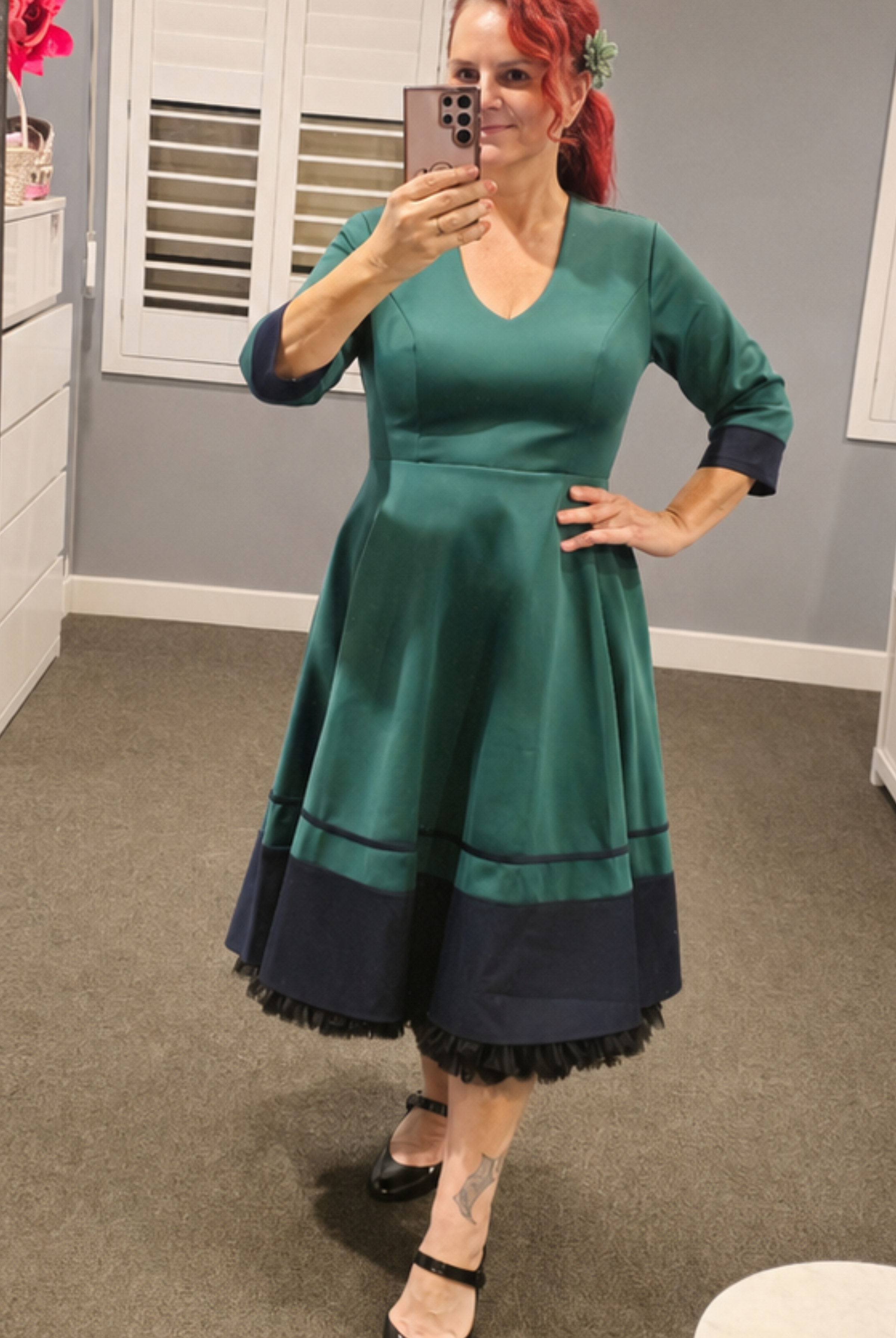 Maria Two-Tone Midi Emerald Green Vintage Style Dress - Curvique Vintage