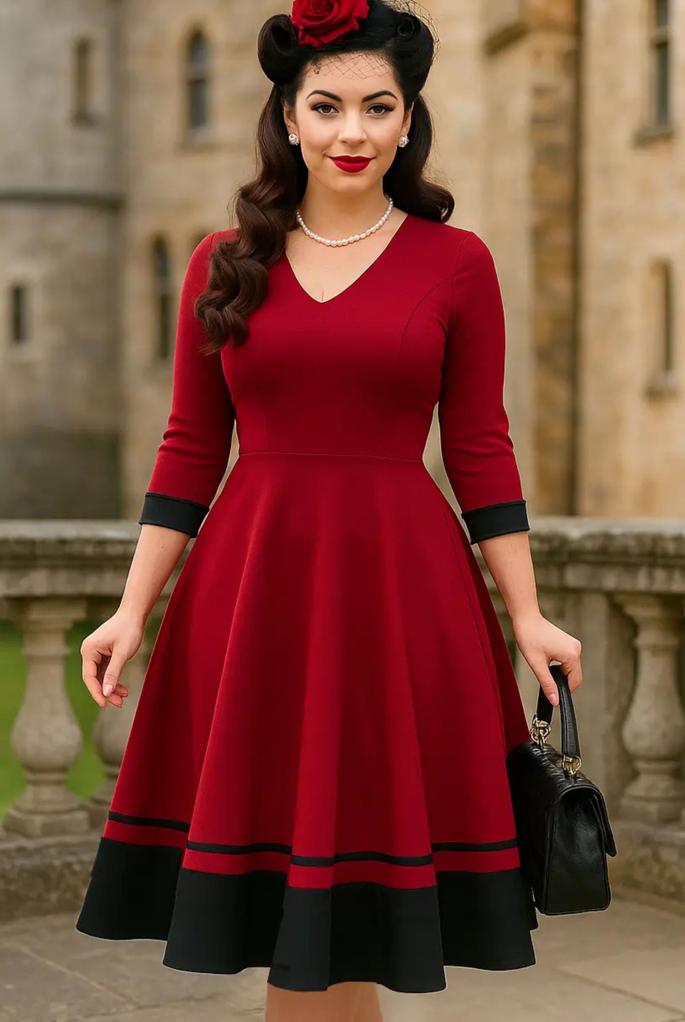 Maria Two-Tone Vintage Style Burgundy/Black Dress - Curvique Vintage