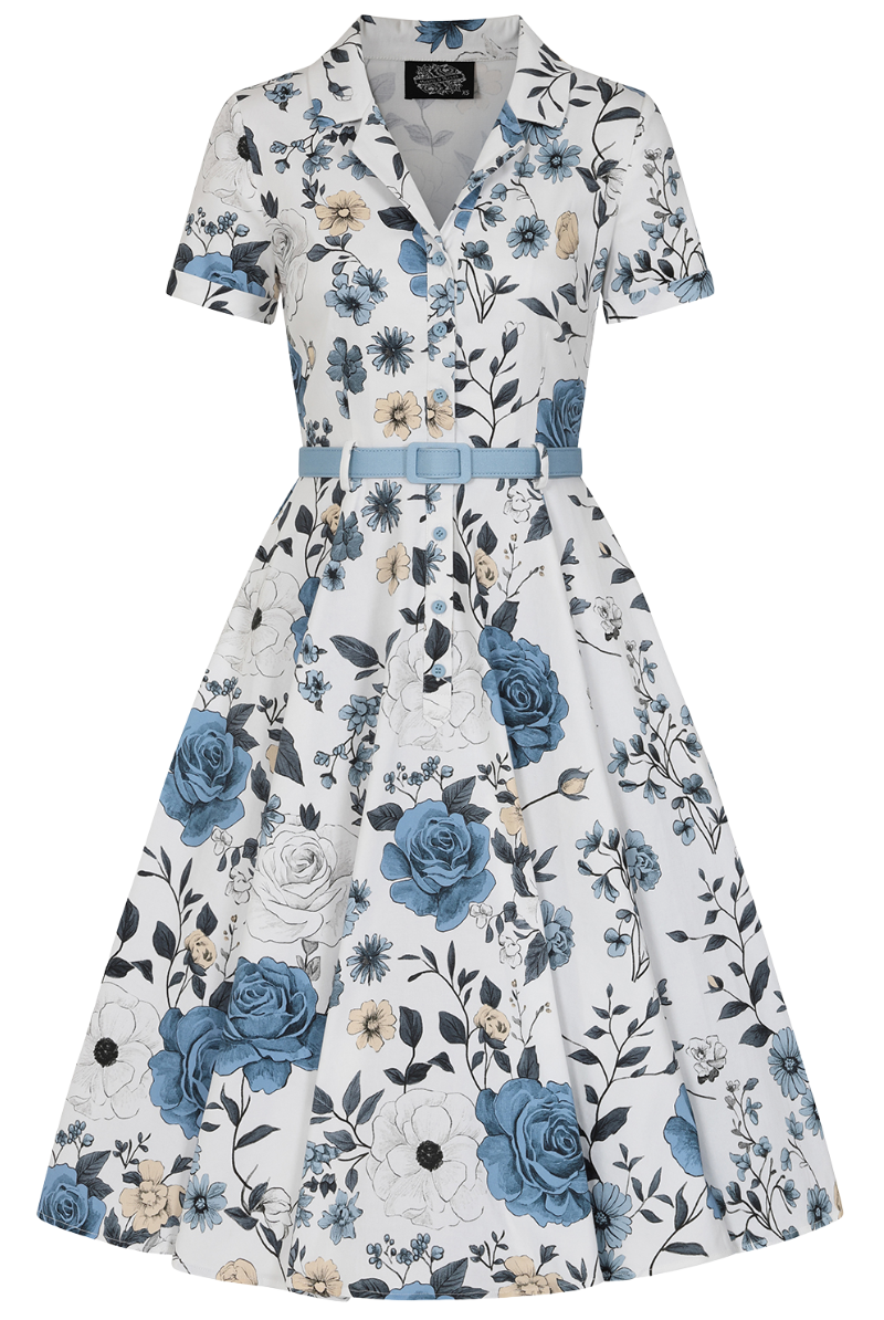Maribel Blue Garden 50s Vintage Style Swing Dress - Curvique Vintage
