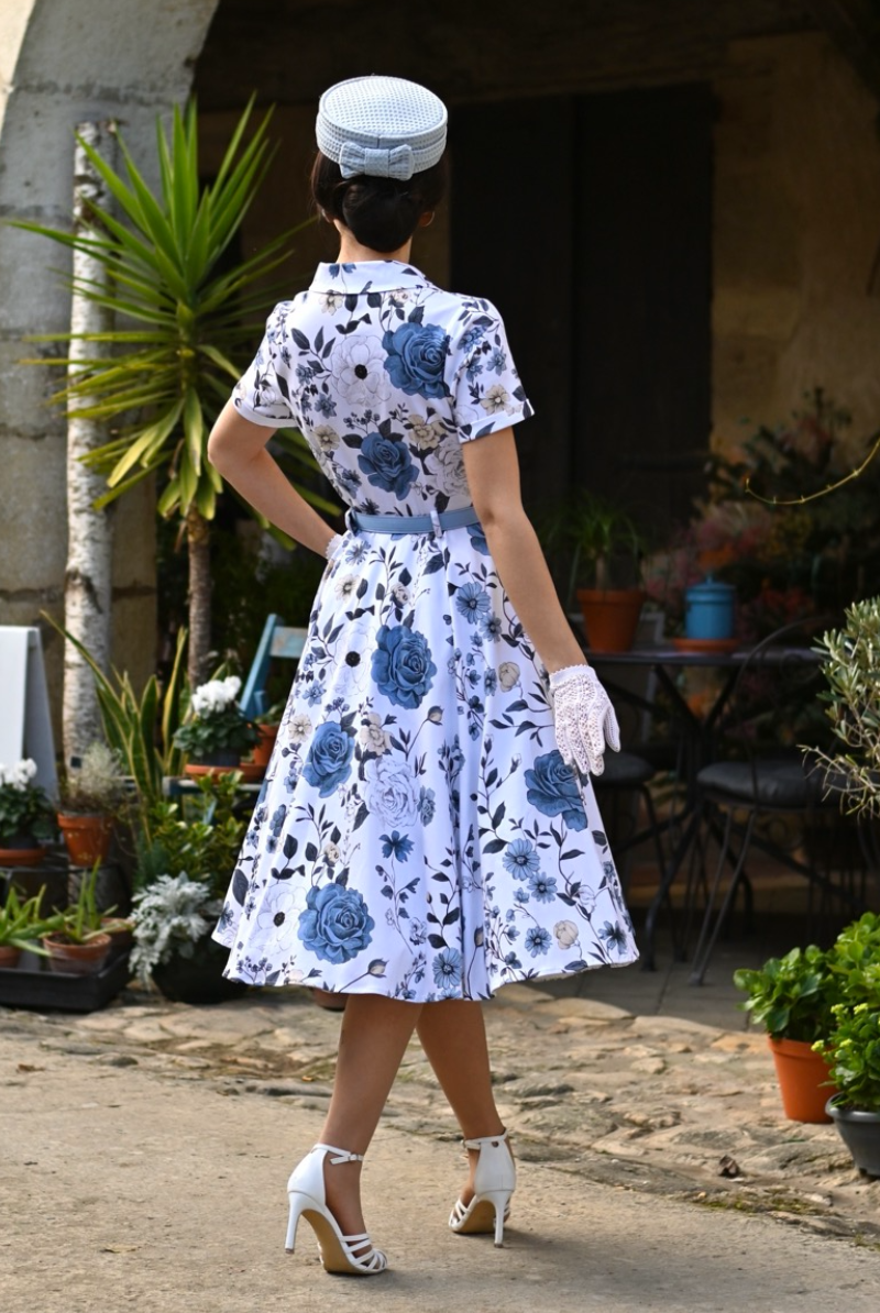 Maribel Blue Garden 50s Vintage Style Swing Dress - Curvique Vintage