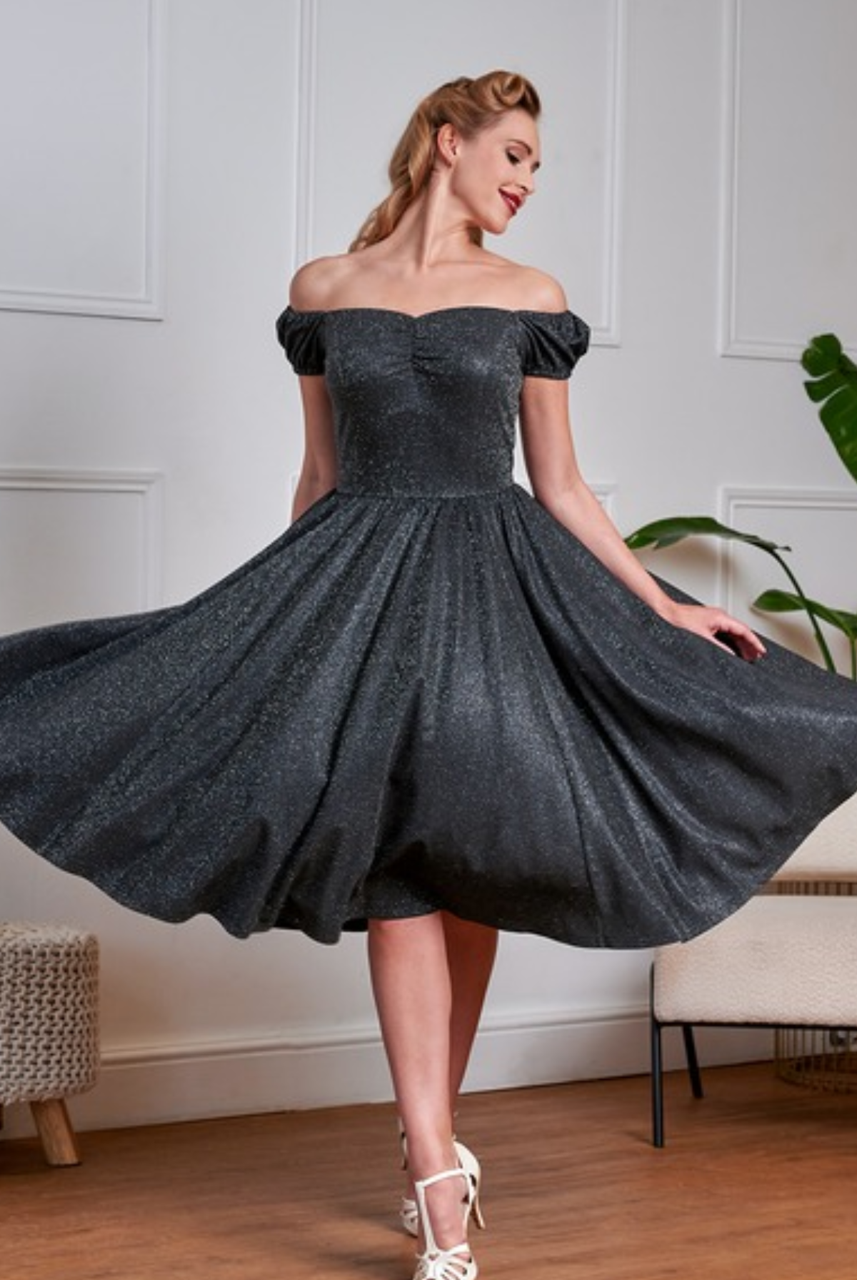 Marilyn Black Sparkle 50s Style Swing Dress - Curvique Vintage