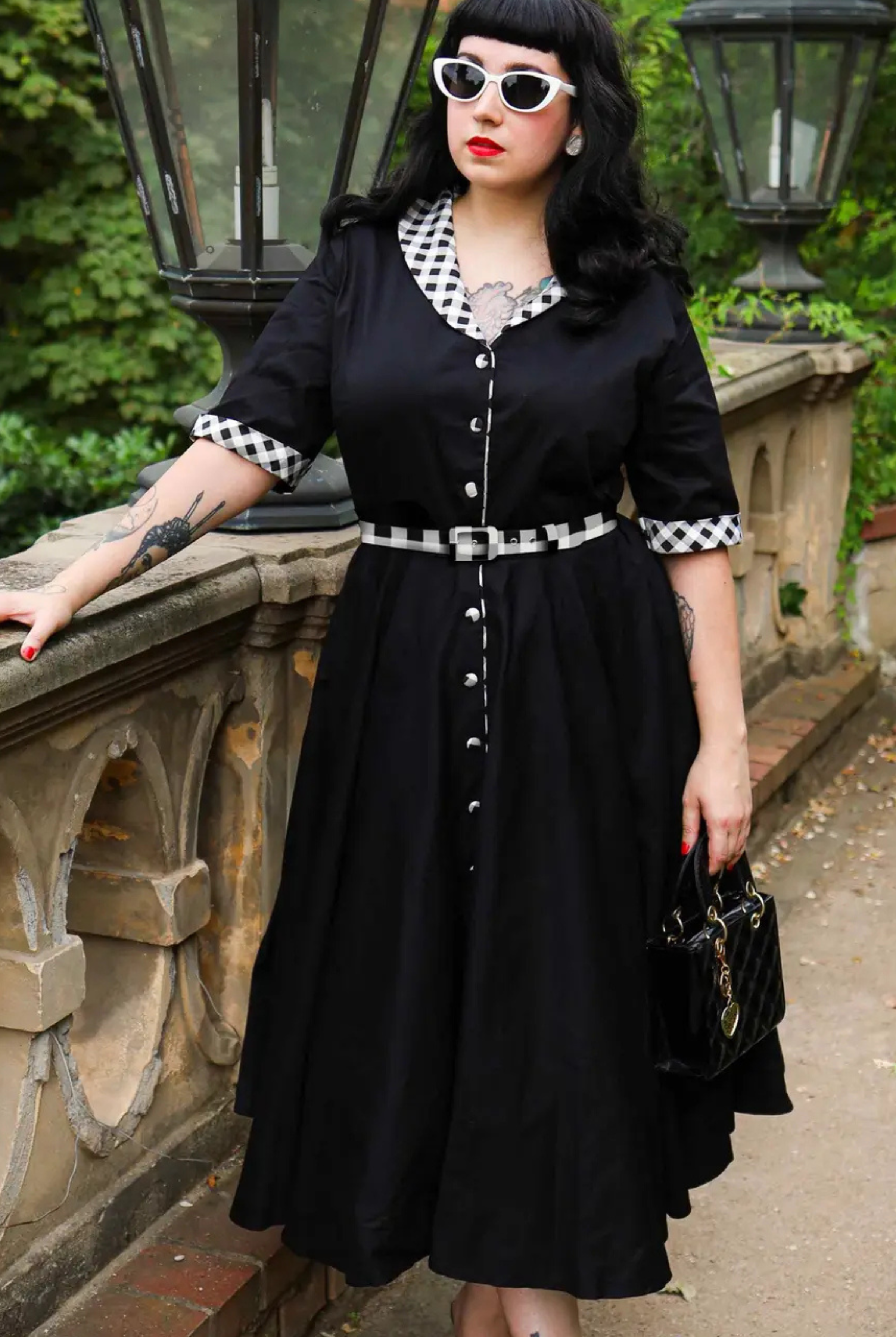 Mollie Classic Black Full Circle Shirt Dress with Gingham - Curvique Vintage