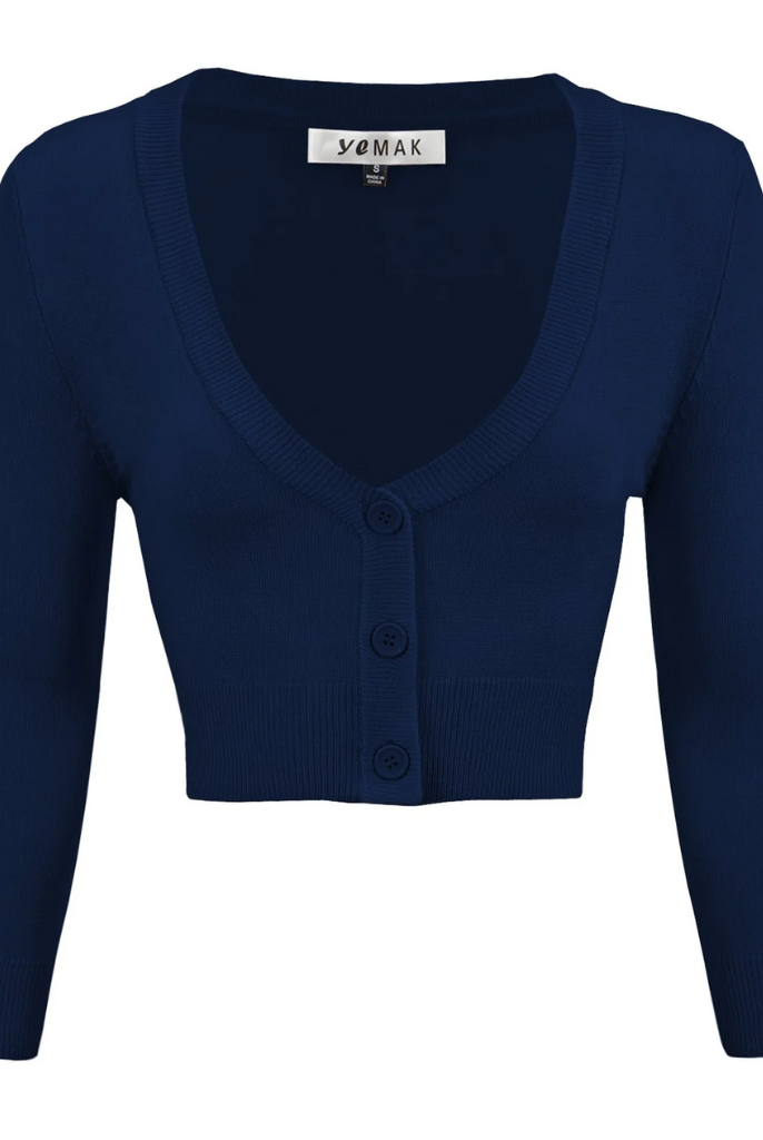 MAK Cropped Navy Retro Style 3/4 Sleeve Cardigan - Curvique Vintage