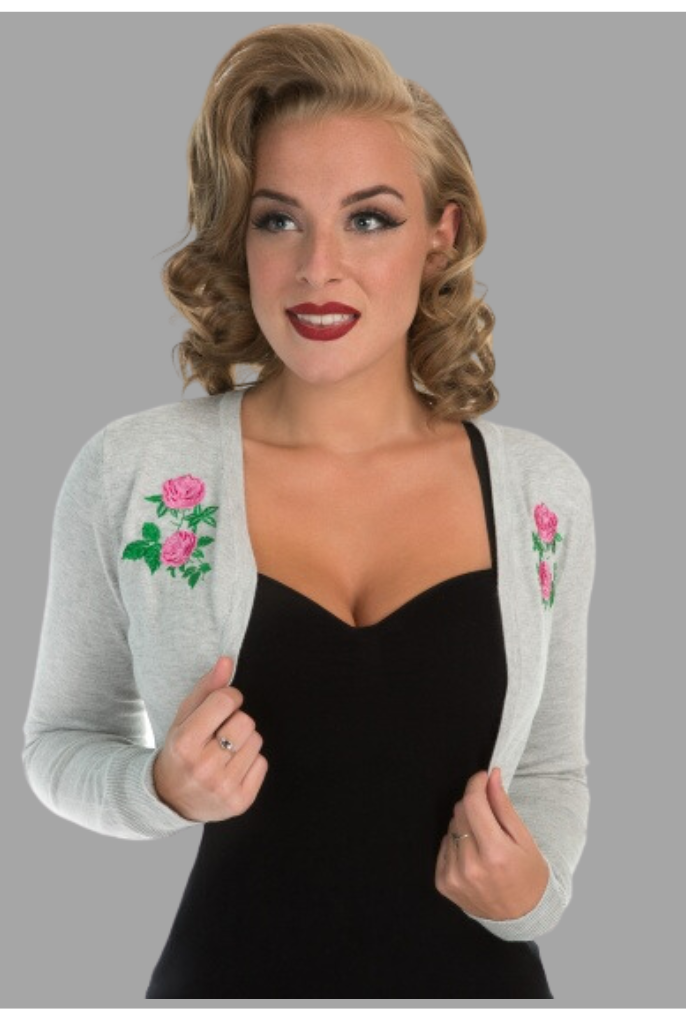 Centifolia Rose Retro Style Knitted Shrug/Bolero in Grey - Curvique Vintage