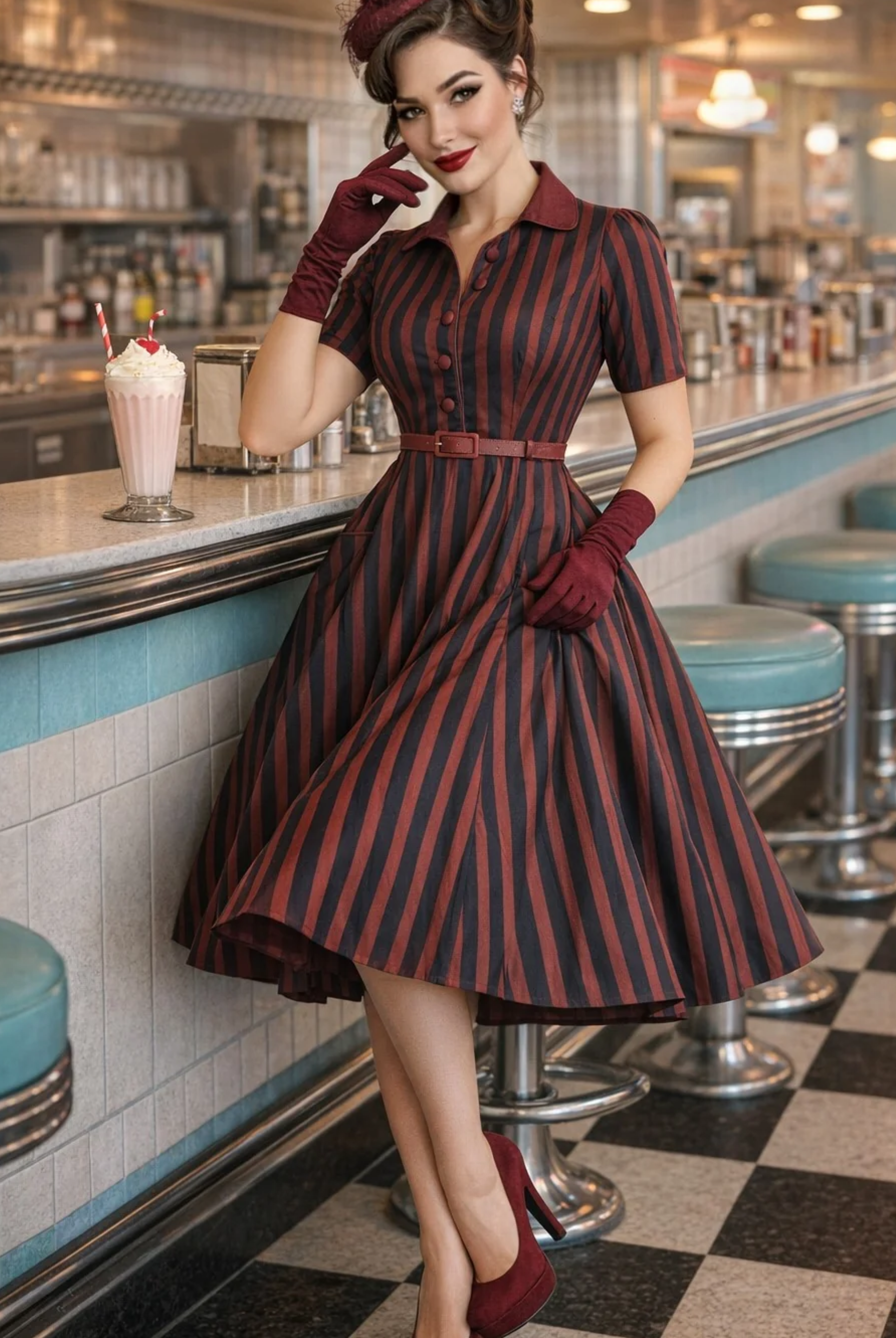 Penelope II Burgundy and Navy Striped Shirt Dress