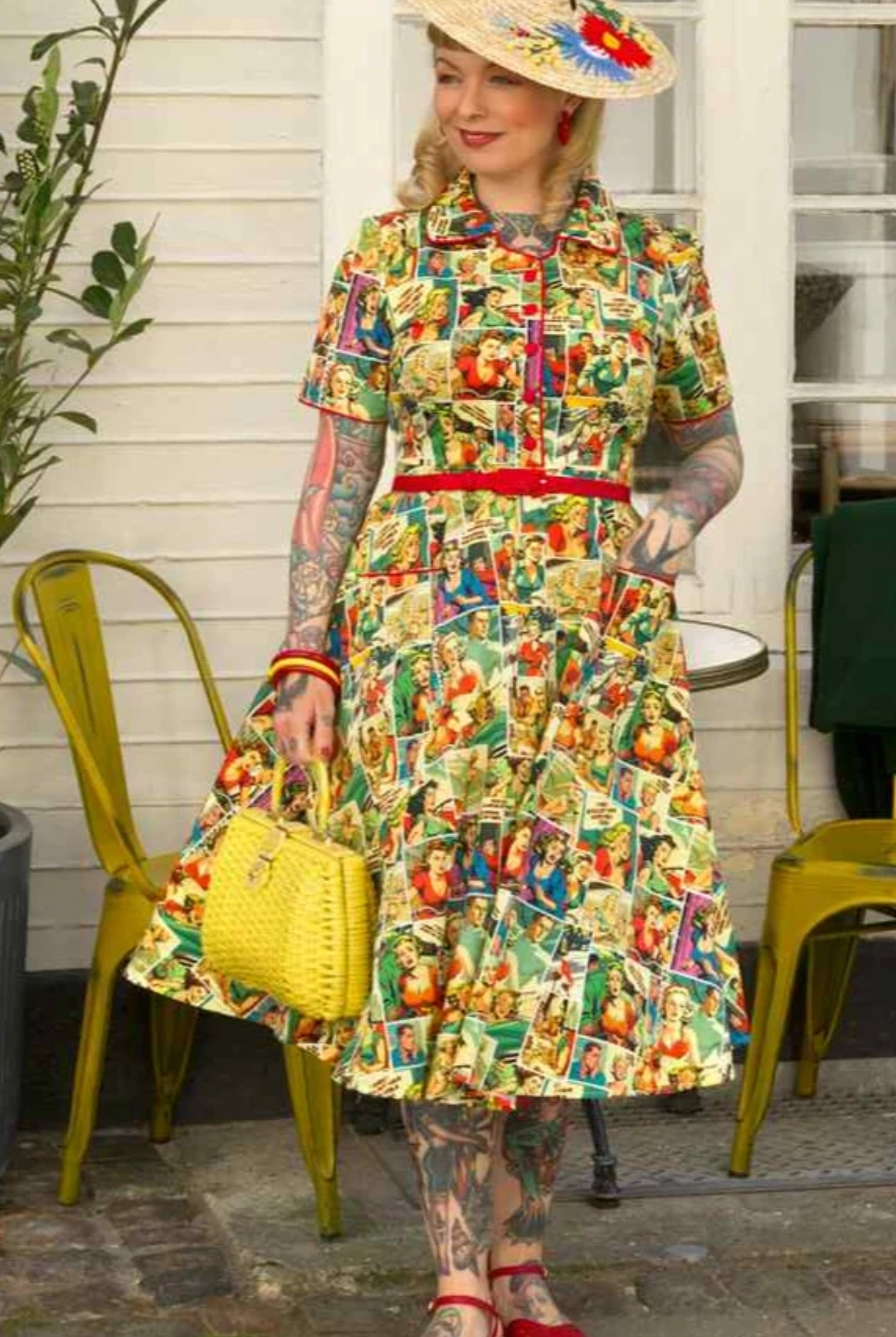 PRE ORDER Penelope II Yellow Rockabilly Comic Strip 1950s Shirt Dress - Curvique Vintage